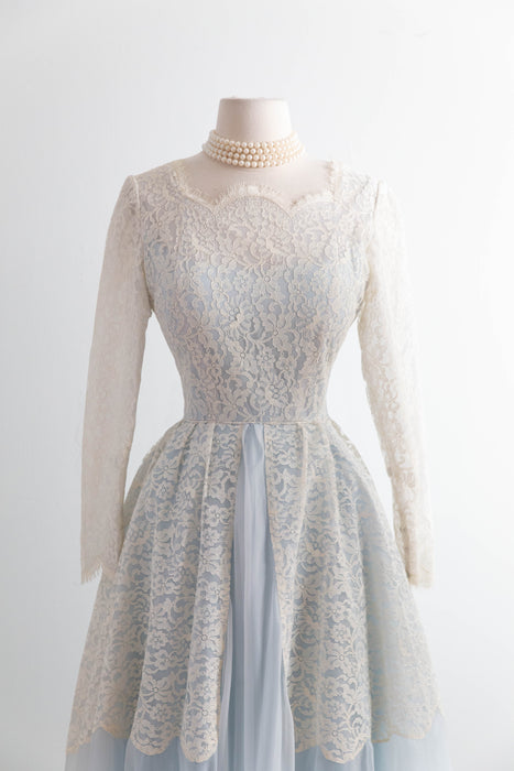 Enchanting 1950s Light Blue and Ivory Lace Wedding Dress / XS