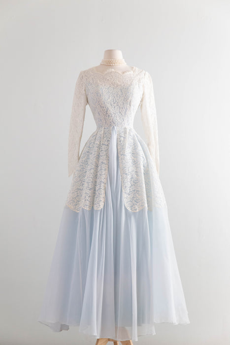 Enchanting 1950s Light Blue and Ivory Lace Wedding Dress / XS