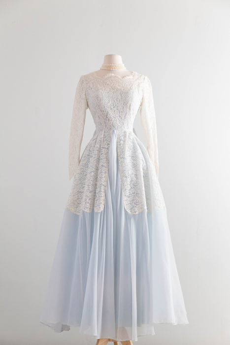 Enchanting 1950s Light Blue and Ivory Lace Wedding Dress / XS