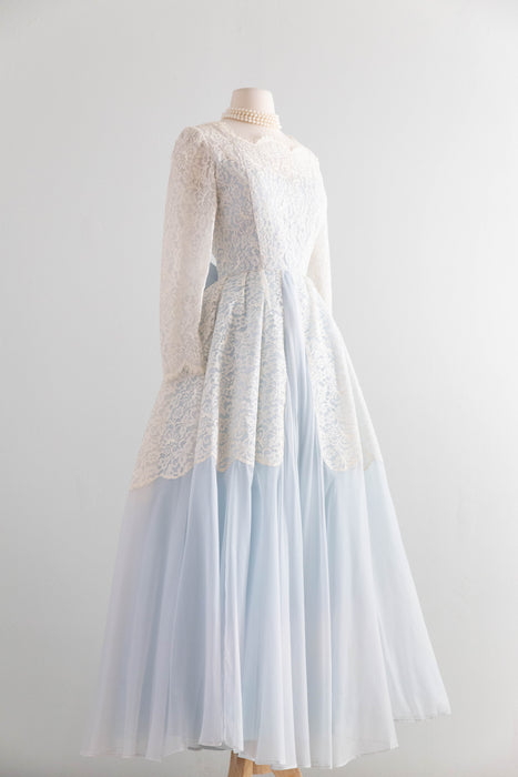 Enchanting 1950s Light Blue and Ivory Lace Wedding Dress / XS