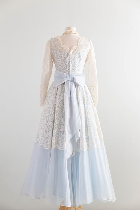 Enchanting 1950s Light Blue and Ivory Lace Wedding Dress / XS