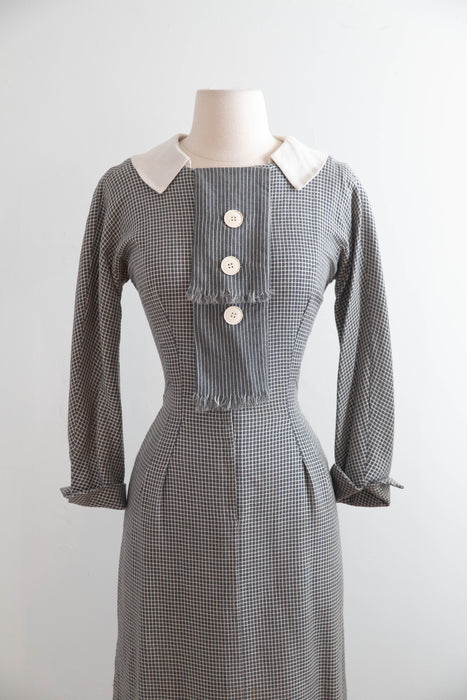 Classic 1950’s Window Pane Wool Crepe Day Dress by Designer Irene / Small