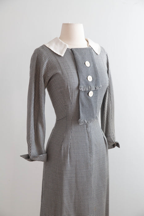 Classic 1950’s Window Pane Wool Crepe Day Dress by Designer Irene / Small