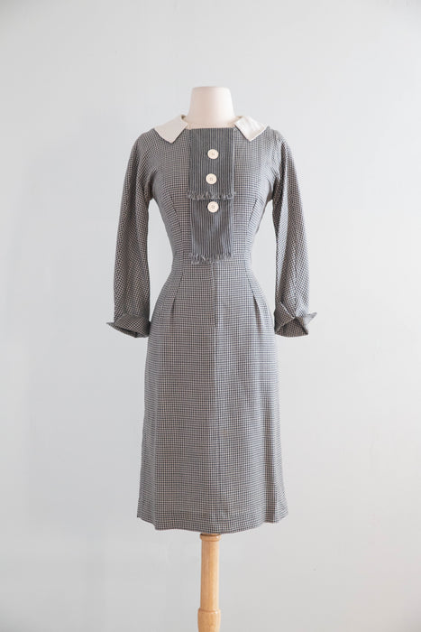 Classic 1950’s Window Pane Wool Crepe Day Dress by Designer Irene / Small