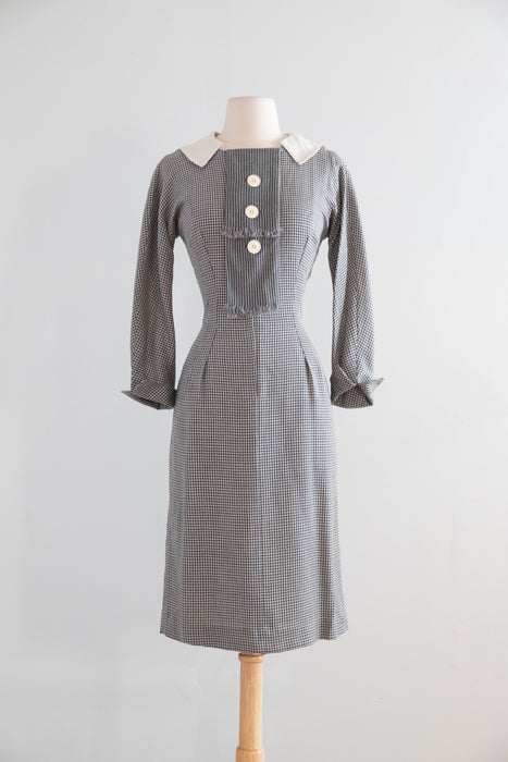 Classic 1950’s Window Pane Wool Crepe Day Dress by Designer Irene / Small