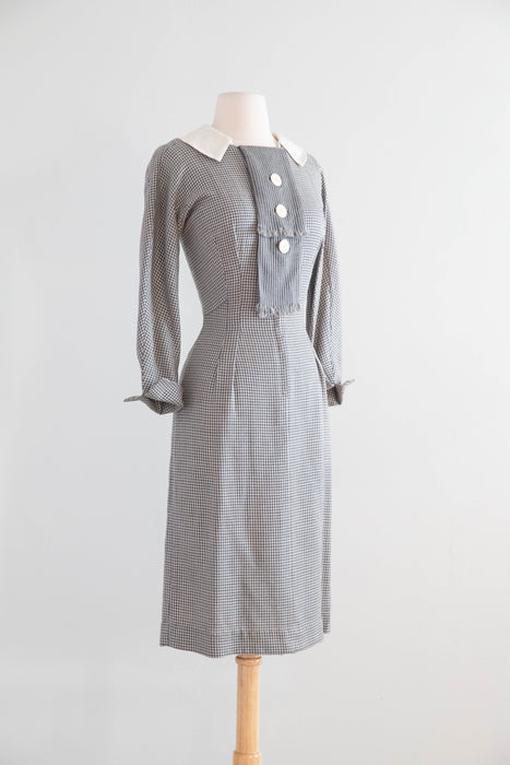 Classic 1950’s Window Pane Wool Crepe Day Dress by Designer Irene / Small