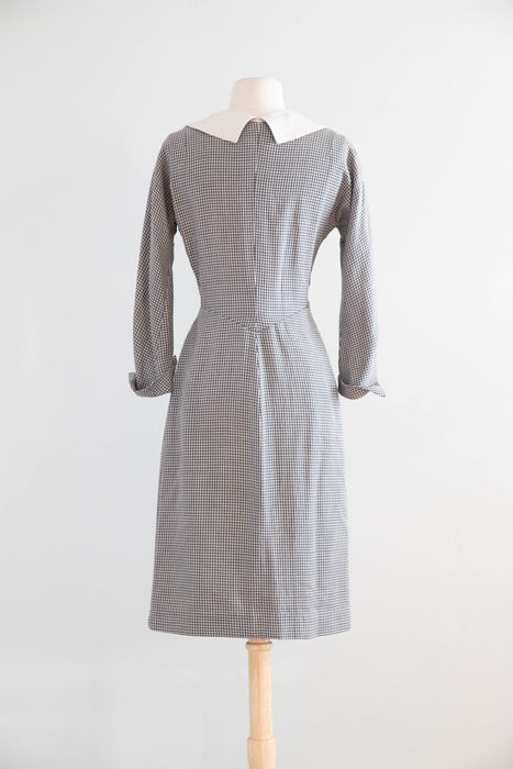 Classic 1950’s Window Pane Wool Crepe Day Dress by Designer Irene / Small