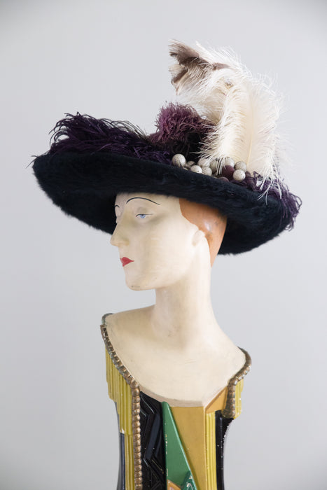 Spectacular Edwardian "Merry Widow" Black Fur Felt Picture Hat with Ostrich Plumes and Grapes