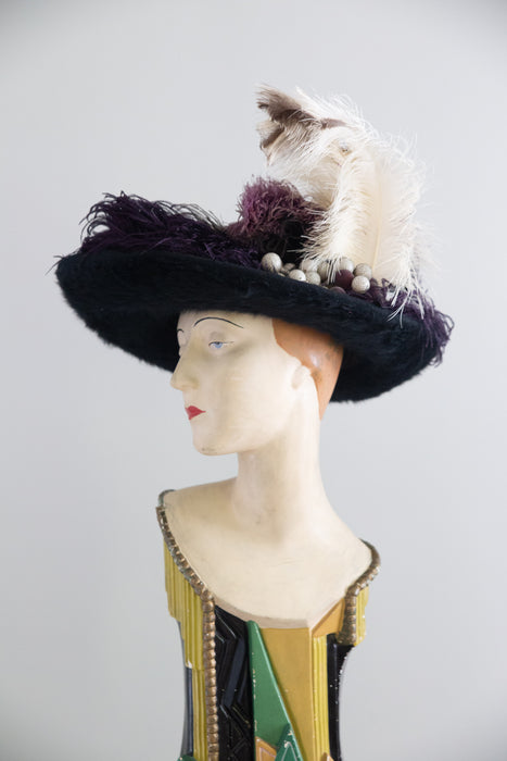 Spectacular Edwardian "Merry Widow" Black Fur Felt Picture Hat with Ostrich Plumes and Grapes