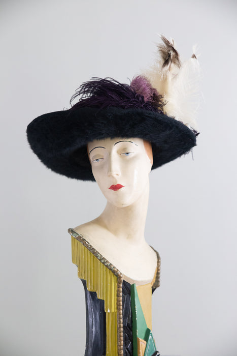 Spectacular Edwardian "Merry Widow" Black Fur Felt Picture Hat with Ostrich Plumes and Grapes