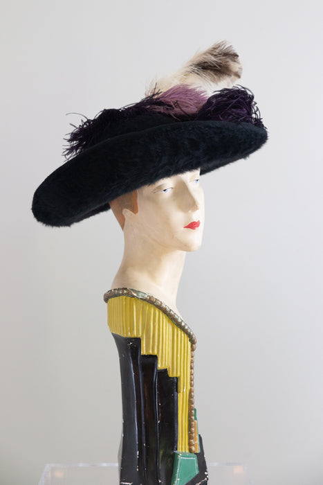 Spectacular Edwardian "Merry Widow" Black Fur Felt Picture Hat with Ostrich Plumes and Grapes