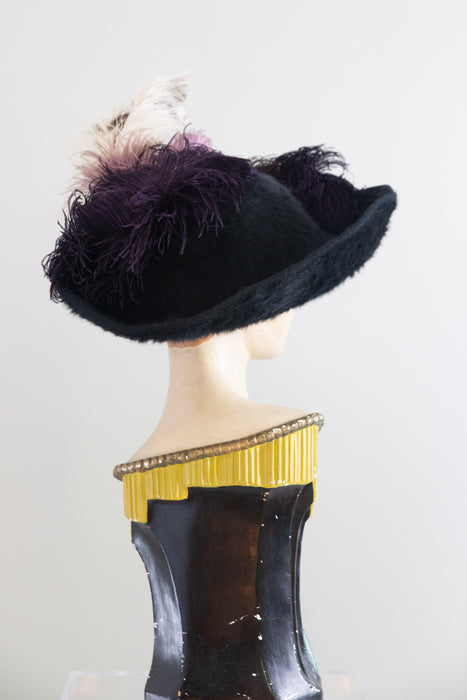 Spectacular Edwardian "Merry Widow" Black Fur Felt Picture Hat with Ostrich Plumes and Grapes