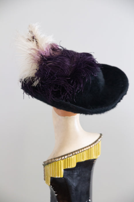 Spectacular Edwardian "Merry Widow" Black Fur Felt Picture Hat with Ostrich Plumes and Grapes