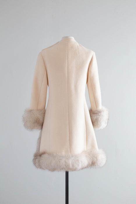 Glamorous 1960's Ivory Wool Princess Coat With Fur Trim / SM