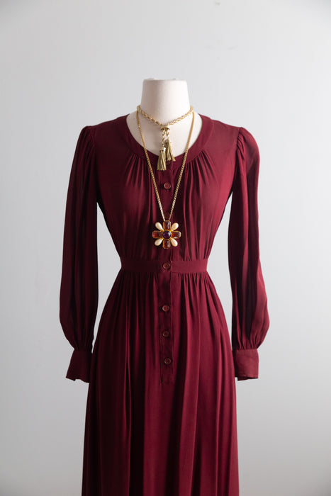 Vintage 1970's Saint Laurent Rive Gauche Burgundy Silk Crepe Dress as is / S