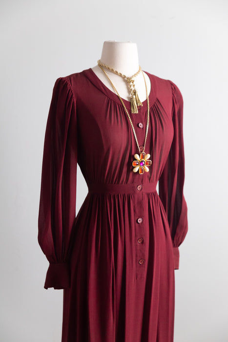 Vintage 1970's Saint Laurent Rive Gauche Burgundy Silk Crepe Dress as is / S