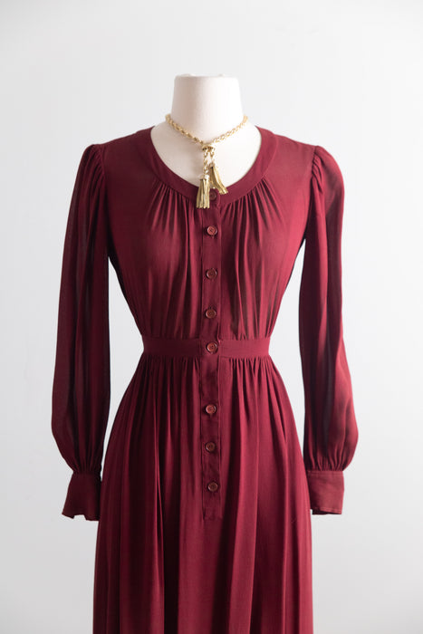 Vintage 1970's Saint Laurent Rive Gauche Burgundy Silk Crepe Dress as is / S