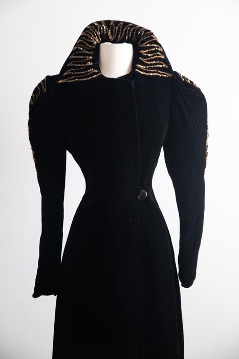 Old Hollywood Glamorous 1930's Black Velvet Evening Coat With Gold Sequin Embroidery / SM