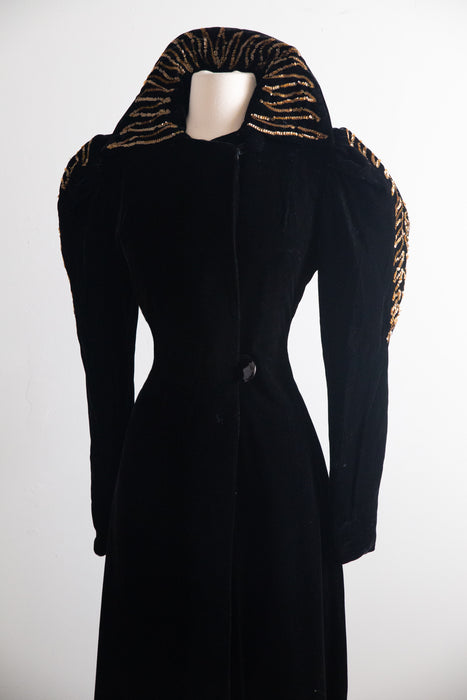 Old Hollywood Glamorous 1930's Black Velvet Evening Coat With Gold Sequin Embroidery / SM
