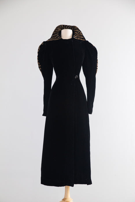 Old Hollywood Glamorous 1930's Black Velvet Evening Coat With Gold Sequin Embroidery / SM