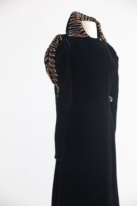 Old Hollywood Glamorous 1930's Black Velvet Evening Coat With Gold Sequin Embroidery / SM