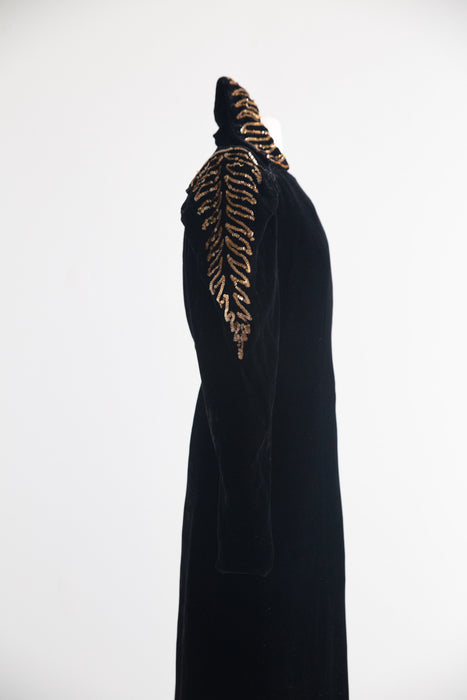Old Hollywood Glamorous 1930's Black Velvet Evening Coat With Gold Sequin Embroidery / SM