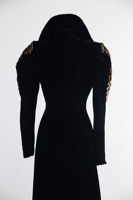 Old Hollywood Glamorous 1930's Black Velvet Evening Coat With Gold Sequin Embroidery / SM