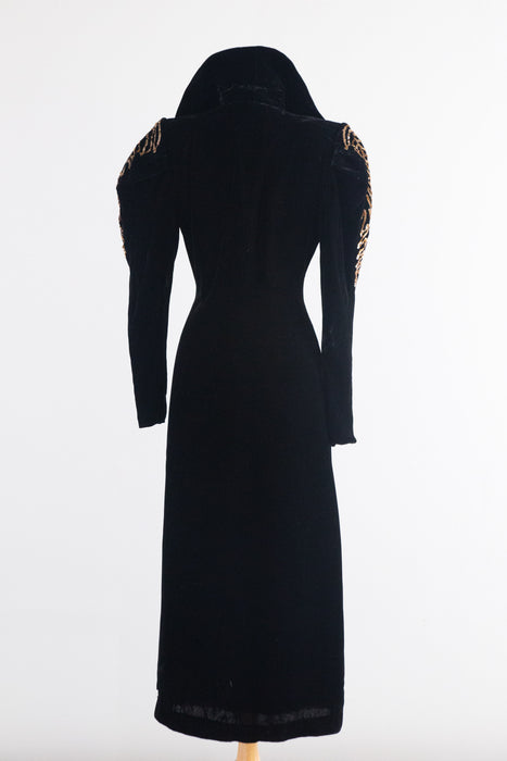 Old Hollywood Glamorous 1930's Black Velvet Evening Coat With Gold Sequin Embroidery / SM