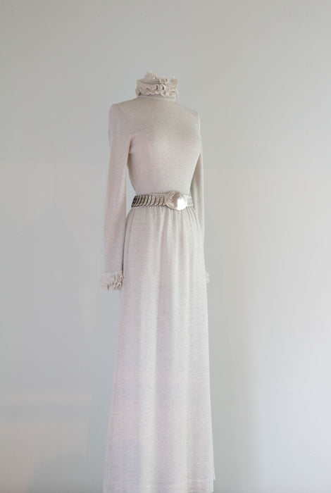 Sparkling 1970's Silver Lurex Knit Maxi Dress With Ruffle Collar / SM