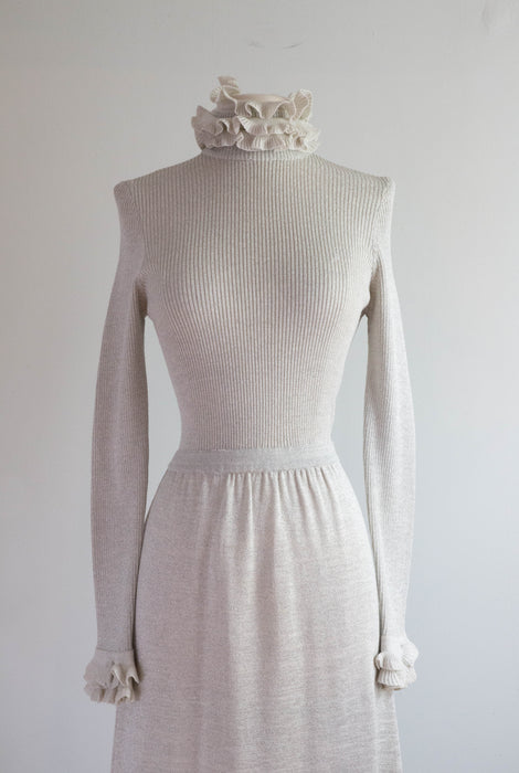 Sparkling 1970's Silver Lurex Knit Maxi Dress With Ruffle Collar / SM