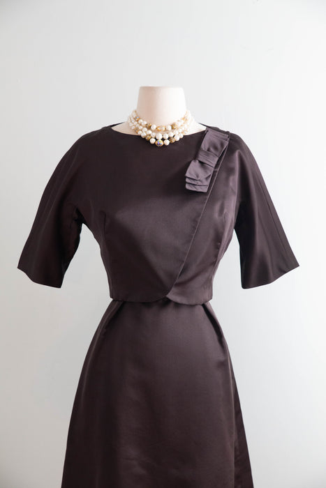 Impeccable 1960s Chocolate Silk Cocktail Dress & Matching Jacket From Lipmans / S