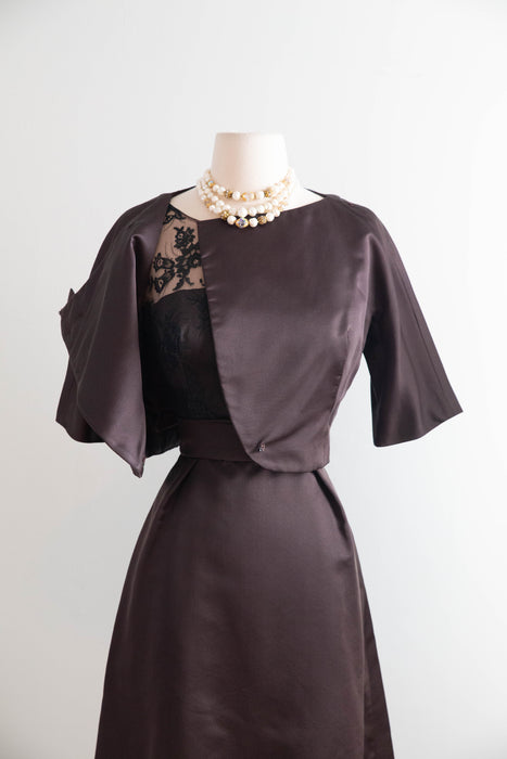 Impeccable 1960s Chocolate Silk Cocktail Dress & Matching Jacket From Lipmans / S