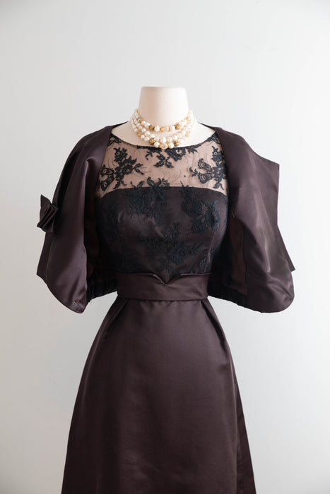 Impeccable 1960s Chocolate Silk Cocktail Dress & Matching Jacket From Lipmans / S