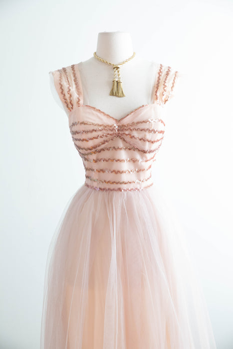 Ethereal 1950’s Blush Pink Sequin and Tulle Gown By Emma Domb / M