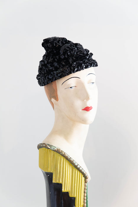 Sophisticated Swirling 1950's Velvet Sequined Cocktail Hat