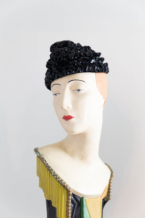 Sophisticated Swirling 1950's Velvet Sequined Cocktail Hat