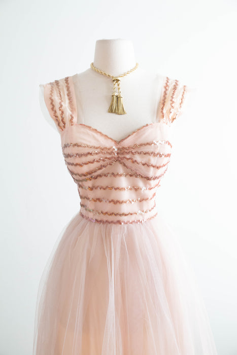 Ethereal 1950’s Blush Pink Sequin and Tulle Gown By Emma Domb / M