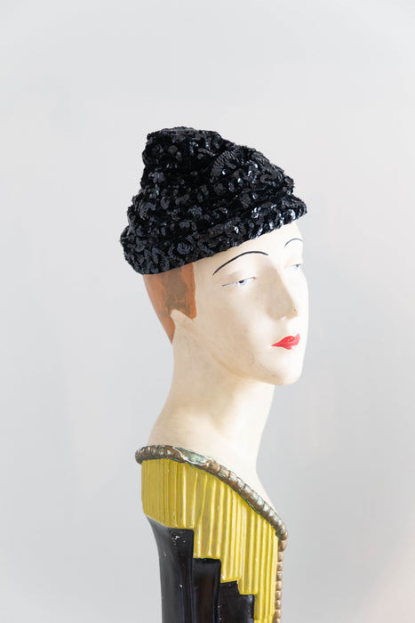 Sophisticated Swirling 1950's Velvet Sequined Cocktail Hat