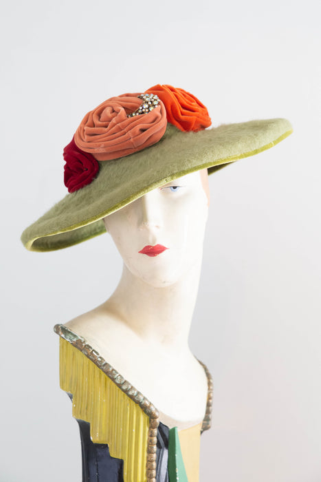 Wonderful 1950's Lazarus Paris-Cincinnati Chartreuse Felt Hat With Velvet Rosettes / 22