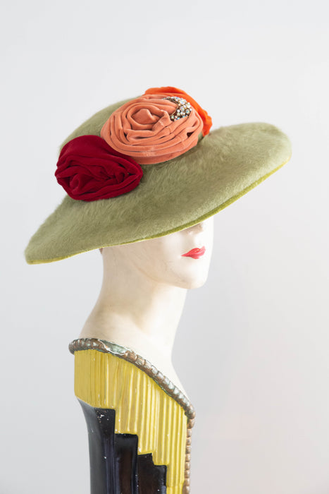 Wonderful 1950's Lazarus Paris-Cincinnati Chartreuse Felt Hat With Velvet Rosettes / 22