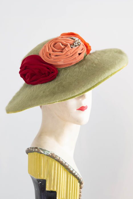 Wonderful 1950's Lazarus Paris-Cincinnati Chartreuse Felt Hat With Velvet Rosettes / 22