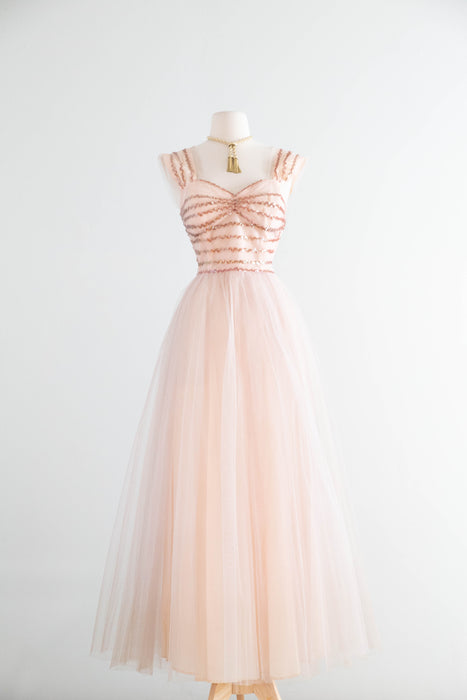 Ethereal 1950’s Blush Pink Sequin and Tulle Gown By Emma Domb / M