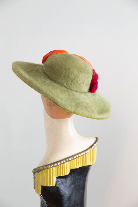 Wonderful 1950's Lazarus Paris-Cincinnati Chartreuse Felt Hat With Velvet Rosettes / 22
