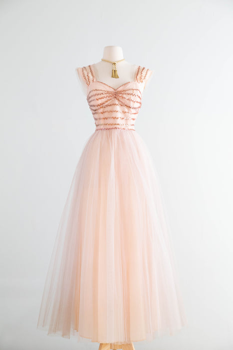 Ethereal 1950’s Blush Pink Sequin and Tulle Gown By Emma Domb / M
