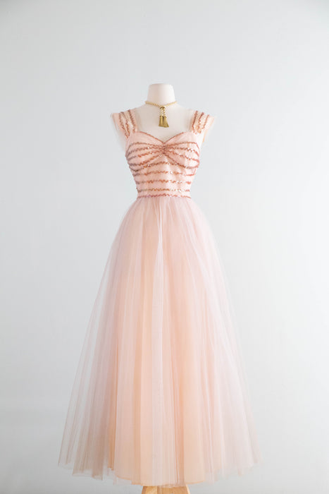 Ethereal 1950's Blush Pink Sequin and Tulle Gown By Emma Domb / M Xtabay Vintage Ethereal 1950's Blush Pink Sequin and Tulle Gown By Emma Domb / M Xtabay Vintage