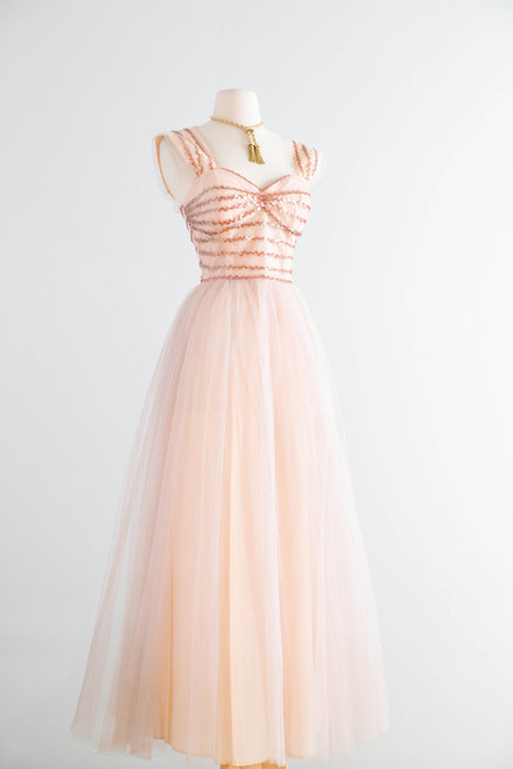 Ethereal 1950’s Blush Pink Sequin and Tulle Gown By Emma Domb / M