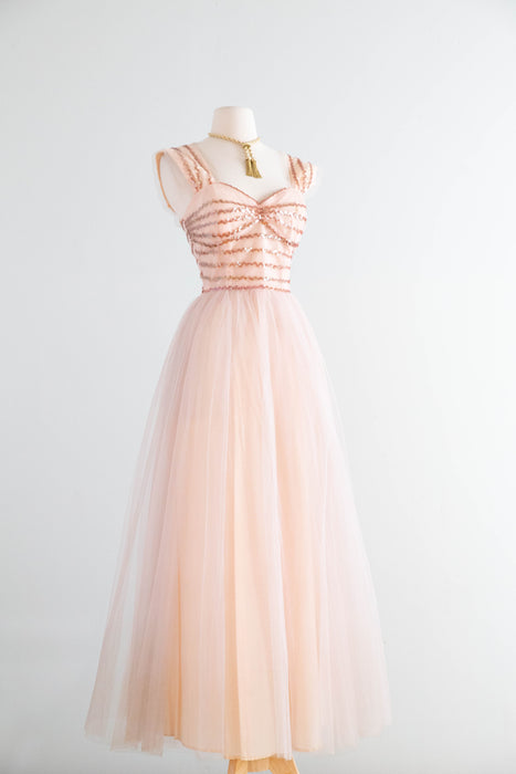 Ethereal 1950’s Blush Pink Sequin and Tulle Gown By Emma Domb / M
