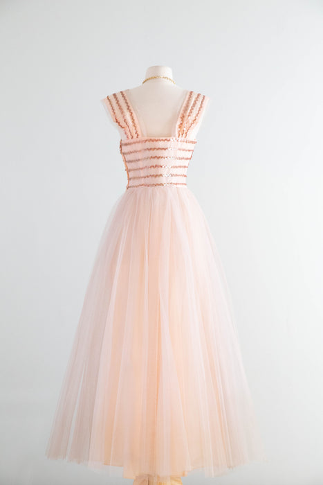 Ethereal 1950’s Blush Pink Sequin and Tulle Gown By Emma Domb / M