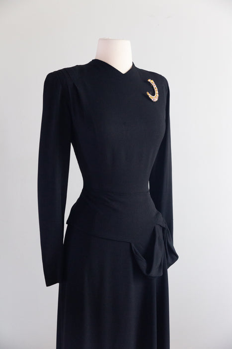 Gorgeous 1940's Black Crepe Cocktail Dress With Sculptural Hip Swag / SM