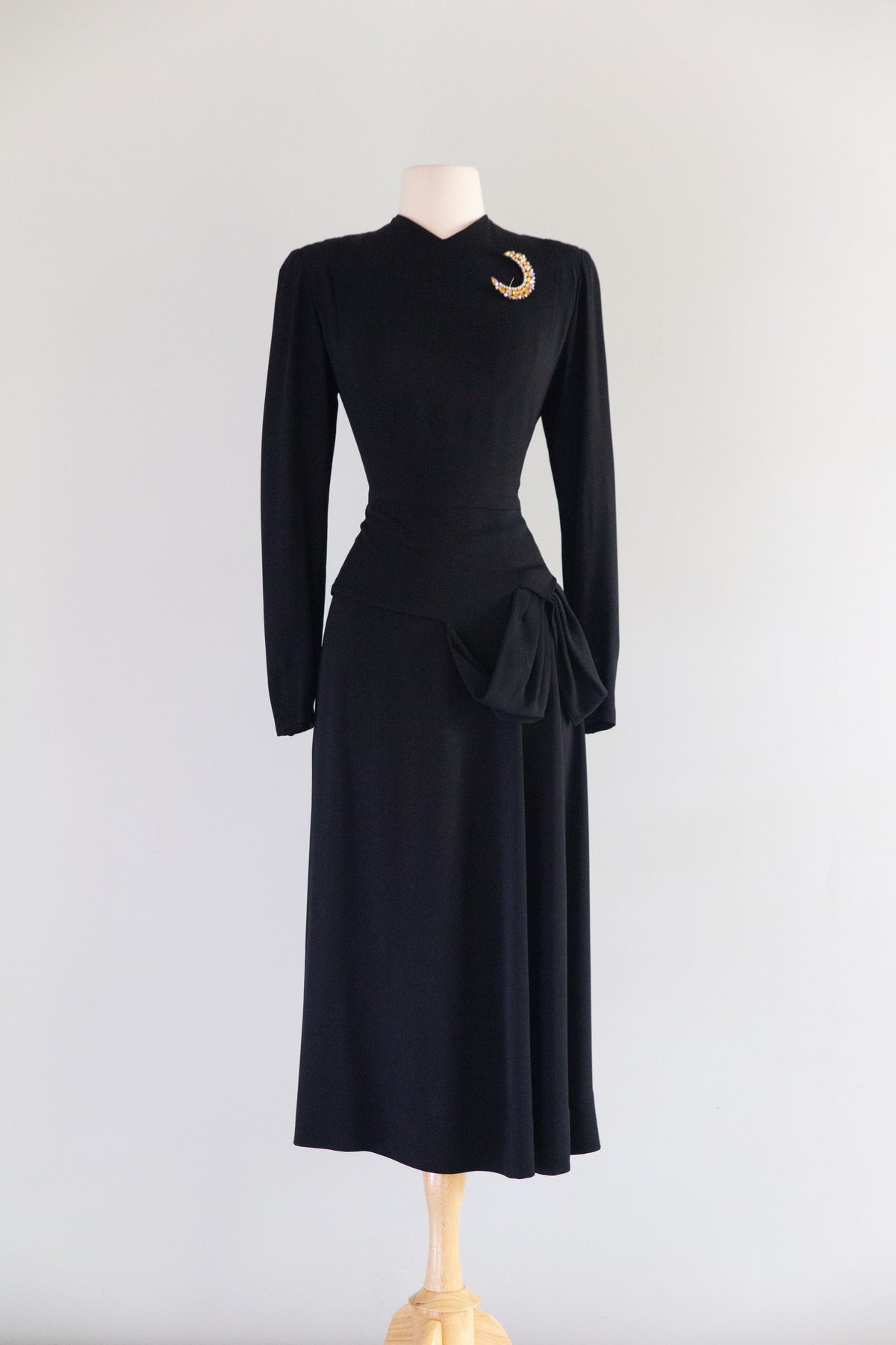 Gorgeous 1940's Black Crepe Cocktail Dress With Sculptural Hip